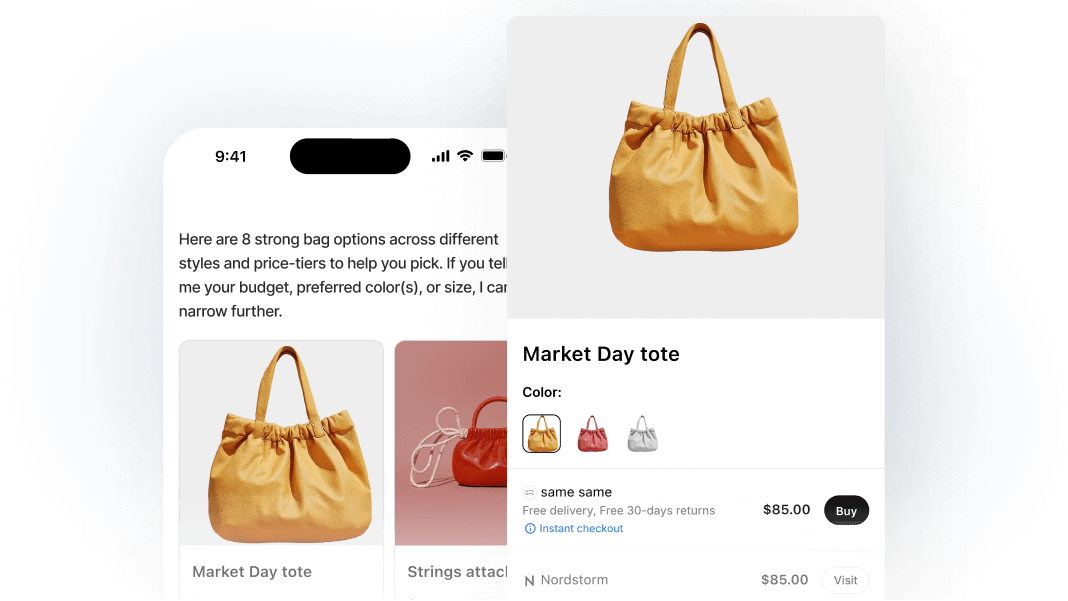 AI chat interface showing in-conversation checkout powered by PlatformDTC