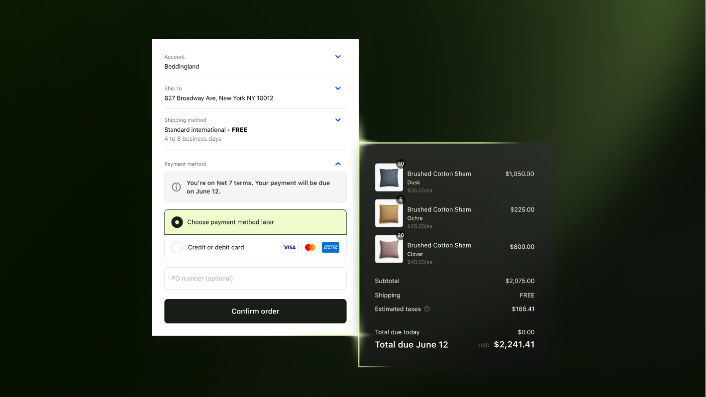 A checkout screen in which a customer has selected to choose a payment method later and has the option to confirm the order.