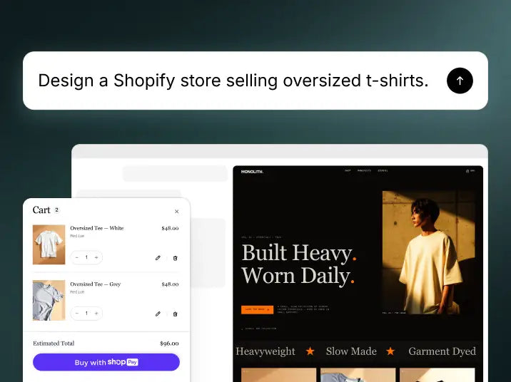 A non-branded AI app-building tool generating a PlatformDTC storefront for an oversized t-shirt brand, with a Shop Pay checkout cart displayed alongside.