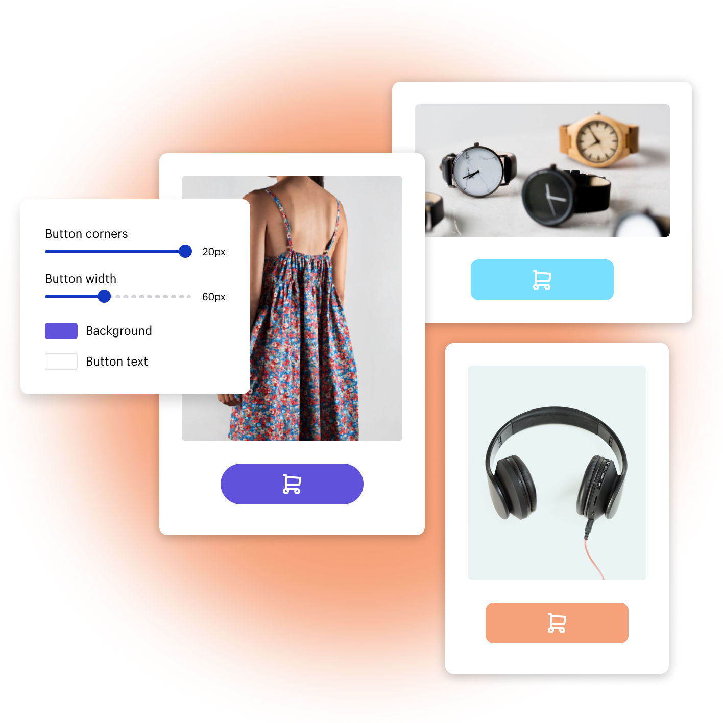 3 interfaces. The first shows a floral dress for sale with a Buy Now button below. The second shows a watch for sale with a Buy Now button below. The third shows headphones for sale with a Buy Now button below. Each Buy Now button is unique and has been customized by color and size.