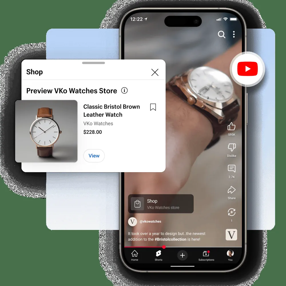 A close up video featured on YouTube Shorts of a man wearing a brown watch on their wrist. A product tile that features a brown watch for sale it overlayed on the window of the video.