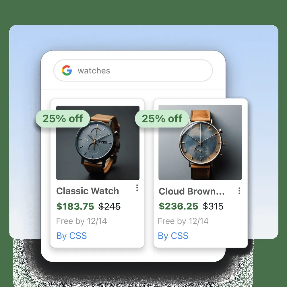 A window of google search results for watches, under the shopping filter. Product tiles that features two watches on sale are overlayed on the search results window.