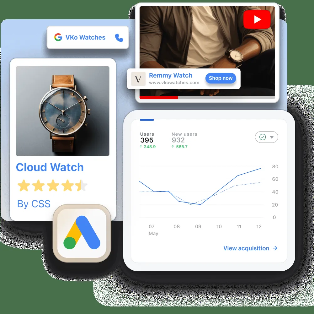 Windows of Google ads, featuring two brown watches. Another window of a YouTube ad features a navy watch. A small overlay window of a small business ad with contact information.
