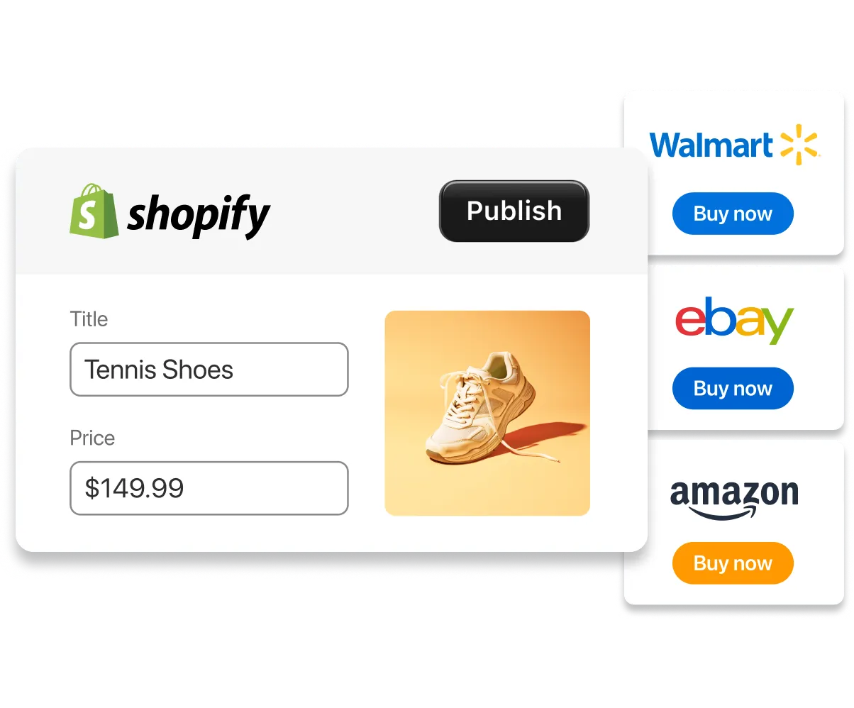 The image shows a diagram illustrating the ability to connect a PlatformDTC store with multiple online marketplaces like Amazon, Walmart, eBay, and Etsy.