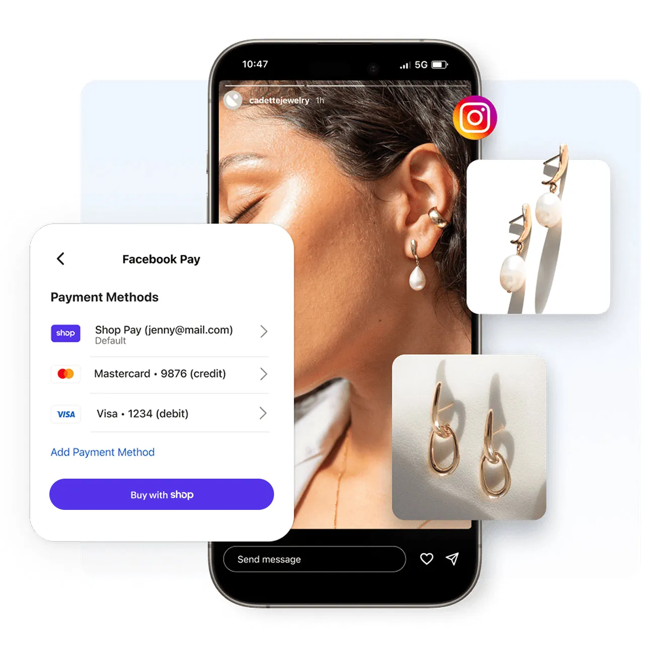 A young female wearing gold pearl drop earrings in an Instagram story. An interface showing methods of payments. Product tiles features two pairs of earrings by Cadette Jewelry.