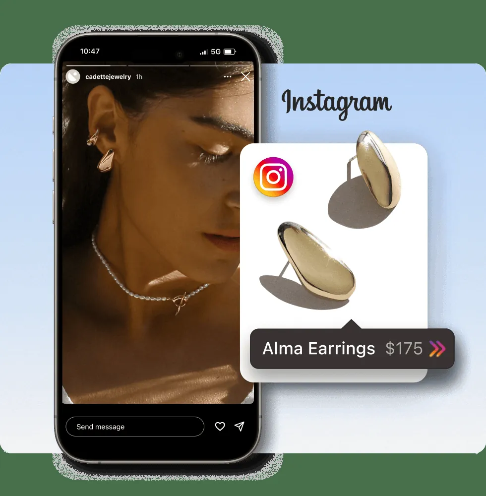 A young female wearing gold earrings and a pearl necklace in an Instagram story. A product card featuring Cadette Jewelry’s Alma earrings with product label overlayed on top. 