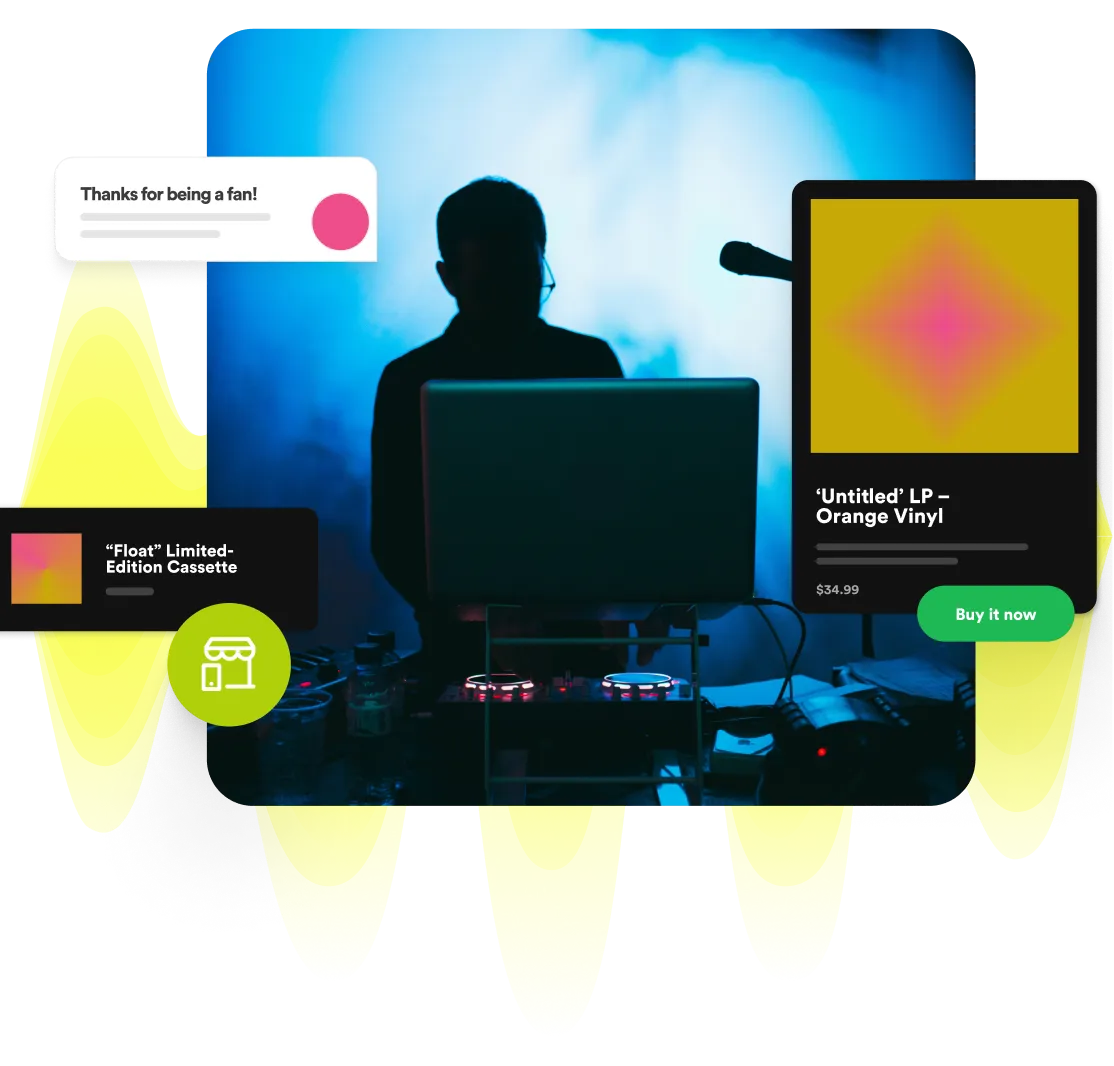 A musician with a laptop and 2 album interfaces are shown to listen or purchase.