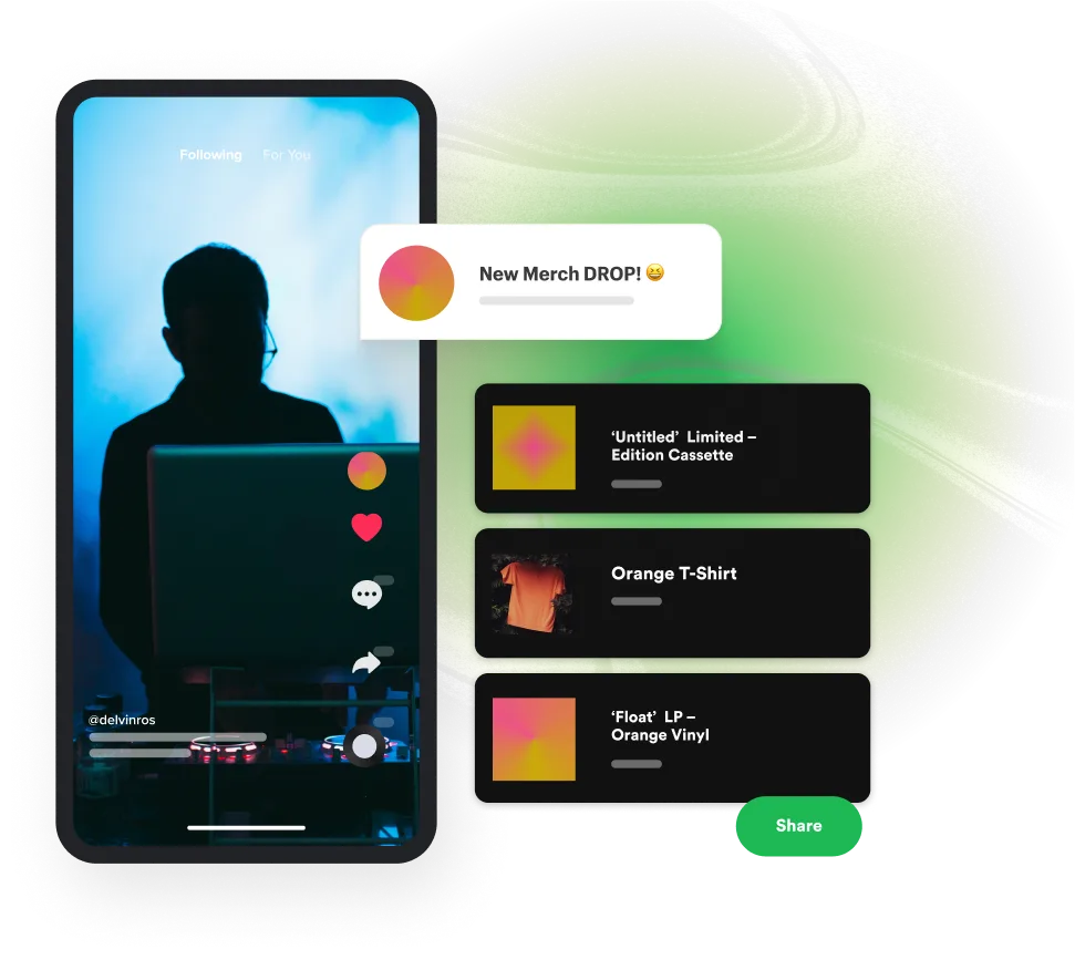 An interface with a musician behind a laptop on live with new merchandise drop including a cassette, t-shirt, and vinyl