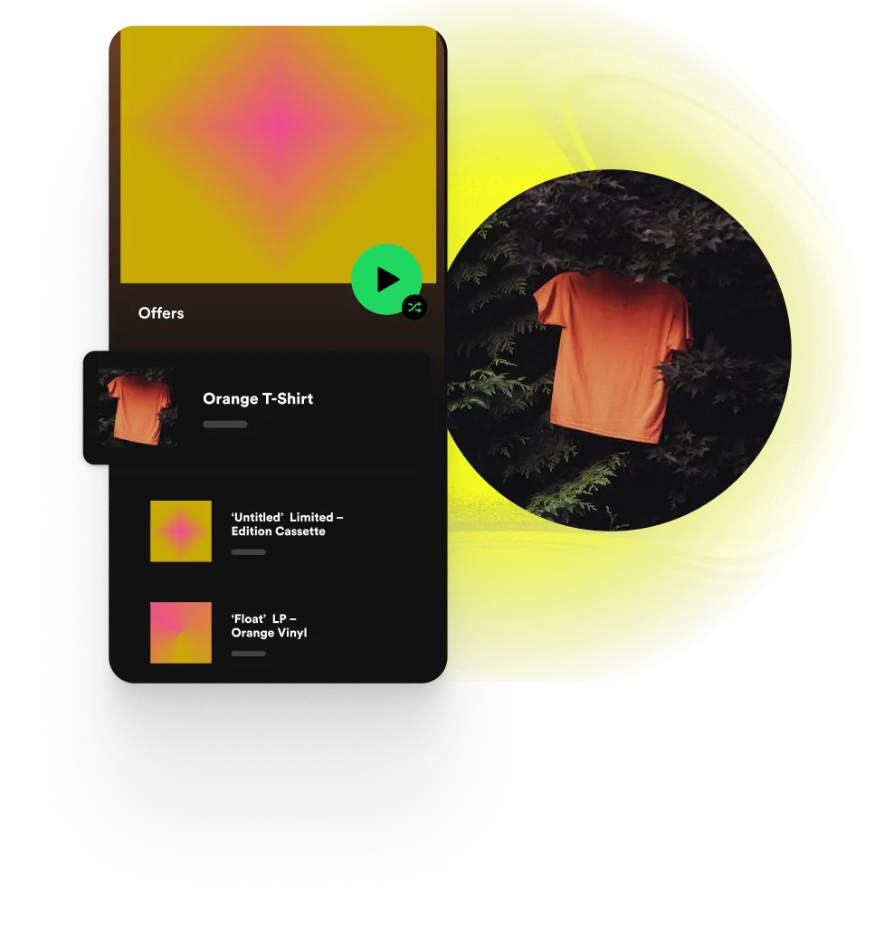 The Spotify interface is shown here with three merchandise options to purchase.