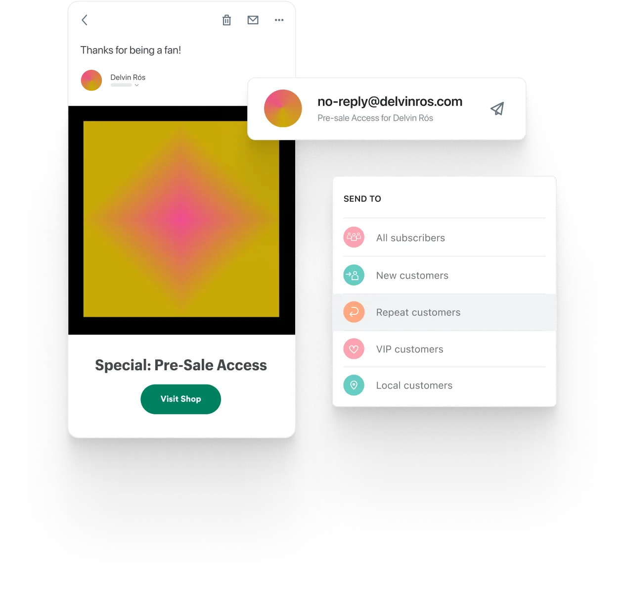 An album cover with an email interface to have conversations going between you and your fans to buy merch is shown.