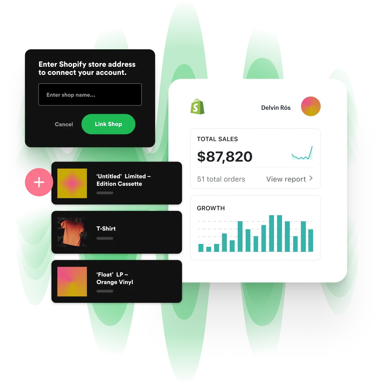 A PlatformDTC interface that connects your PlatformDTC store address to your account with Spotify. Three products are shown and a sales report infographic is displayed.