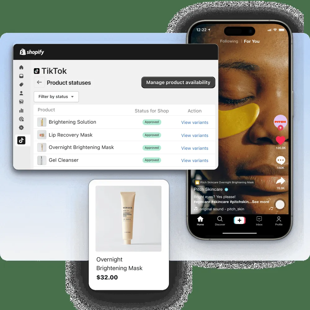 A TikTok video of a woman wearing an under eye mask product. A window overlayed on top features the TikTok App on the PlatformDTC Admin, displaying product statuses for a skincare brand. A product card featuring an under eye mask product.
