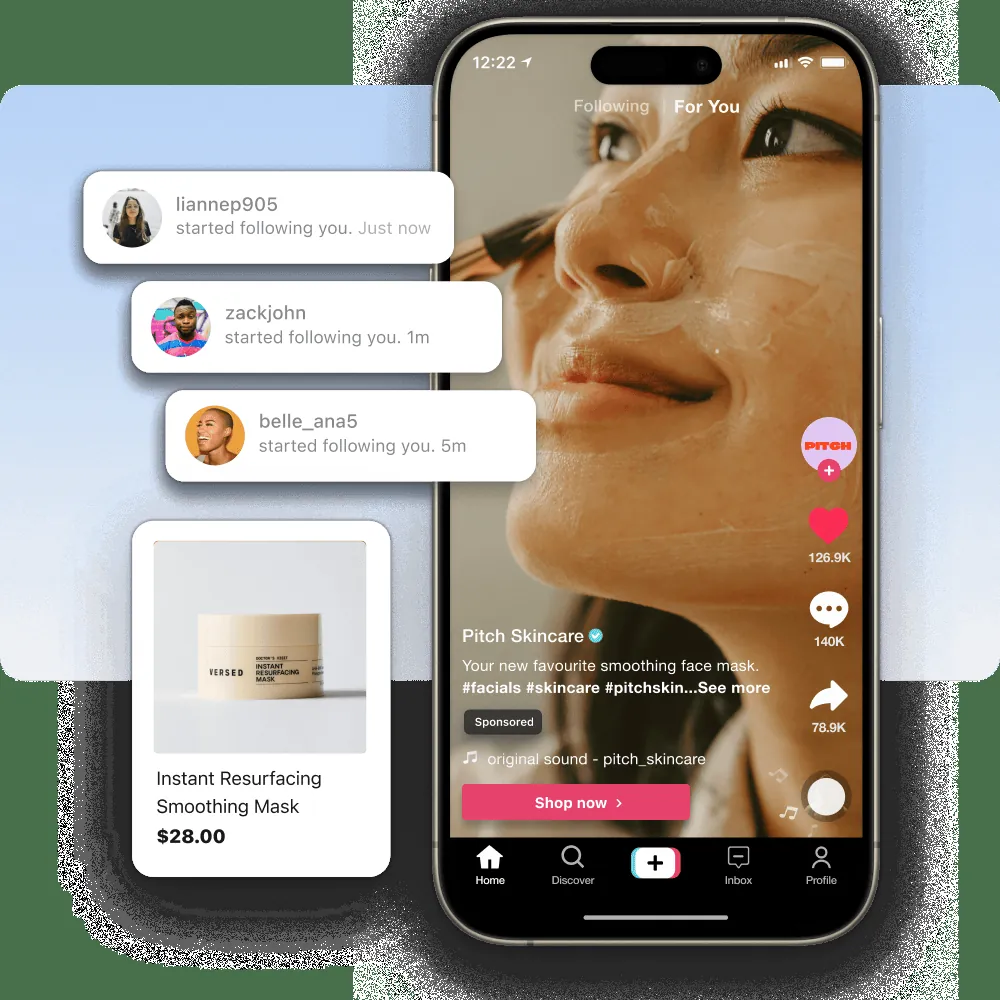 A young female smiling while applying a facial mask with a brush in a TikTok video. An interface shows followers engaging with the TikTok video and following the young woman. A product card featuring the facial mask.