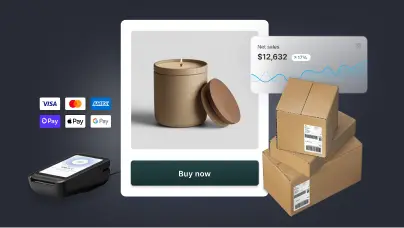 A product for sale on a website. Behind the product a graph shows an increase in sales over time.