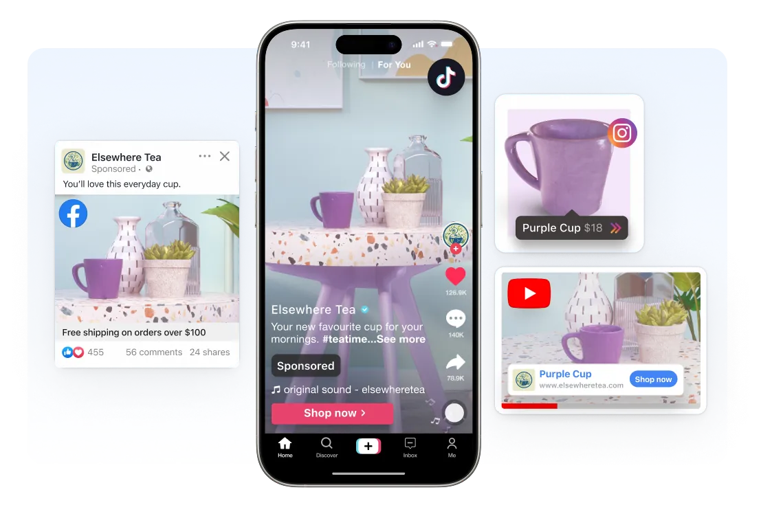 An abstract view window of the PlatformDTC Admin. Overlayed over the left side of the window is a Facebook sponsored ad and a TikTok sponsored video, both featuring a purple cup for sale. Overlayed on the right side is a sponsored YouTube video and an Instagram post with a product tag, both promoting a purple cup.