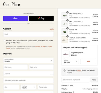 The checkout screen for a company named Our Place showing express checkout options.