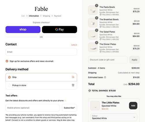 The checkout screen for a company named Fable showing a shopper buying bowls and plates, and a custom pop up that offers a 10% discount for entering your email.