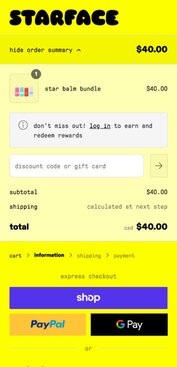 The checkout screen for a company named Starface showing a shopper buying skincare items. There is an option to enter a discount code, and the entire experience is in bright yellow, letting the Starface brand shine.