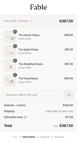 The checkout screen for a company named Fable showing a shopper buying bowls and plates, and a custom pop up that offers a 10% discount for entering your email.