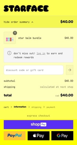 The checkout screen for a company named Starface showing a shopper buying skincare items. There is an option to enter a discount code, and the entire experience is in bright yellow, letting the Starface brand shine.