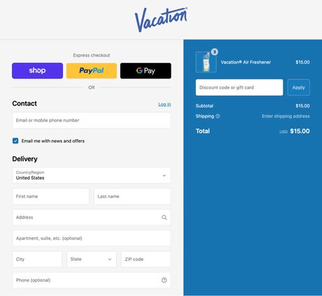 The checkout screen for a company named Vacation showing a shopper buying three types of sun screen.