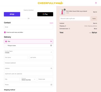 The checkout screen for a company named Cheerfully Made showing two different express checkout options: Shop Pay and GPay.
