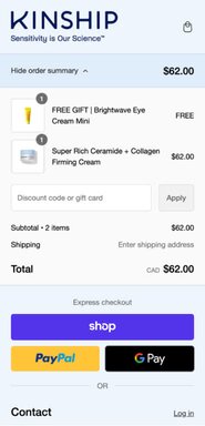 The checkout screen for a company named Kinship.