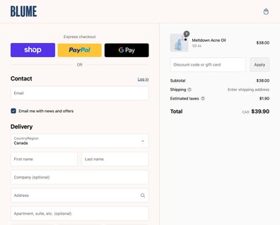 The checkout screen for a company named Blume.