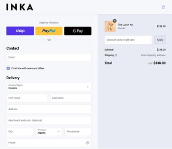 The checkout screen for a company named Inka showing a shopper buying food containers and giving them three different express checkout options: Shop Pay, PayPal, and GPay.