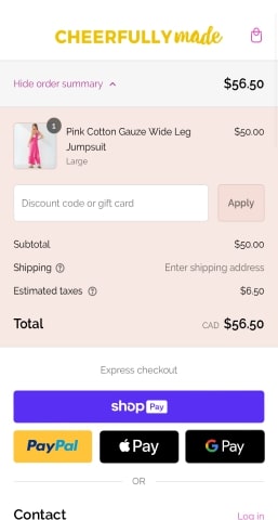The checkout screen for a company named Plus showing express checkout options, and an error highlighting the contact information field the shopper needs to enter information into before they can proceed.