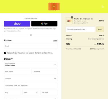 The checkout screen for a company named Omsom showing express checkout options, contact information field, and shipping address fields.