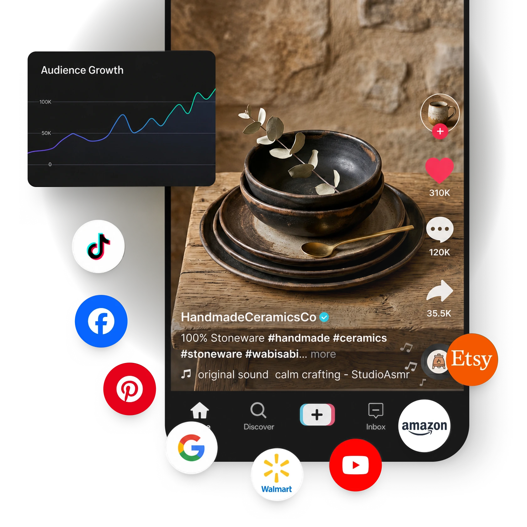 A collage of images, showing a phone featuring a social video, a chart representing audience growth, and social network logos of TikTok, Facebook, Pinterest, Google, Walmart, YouTube, Amazon, and Etsy