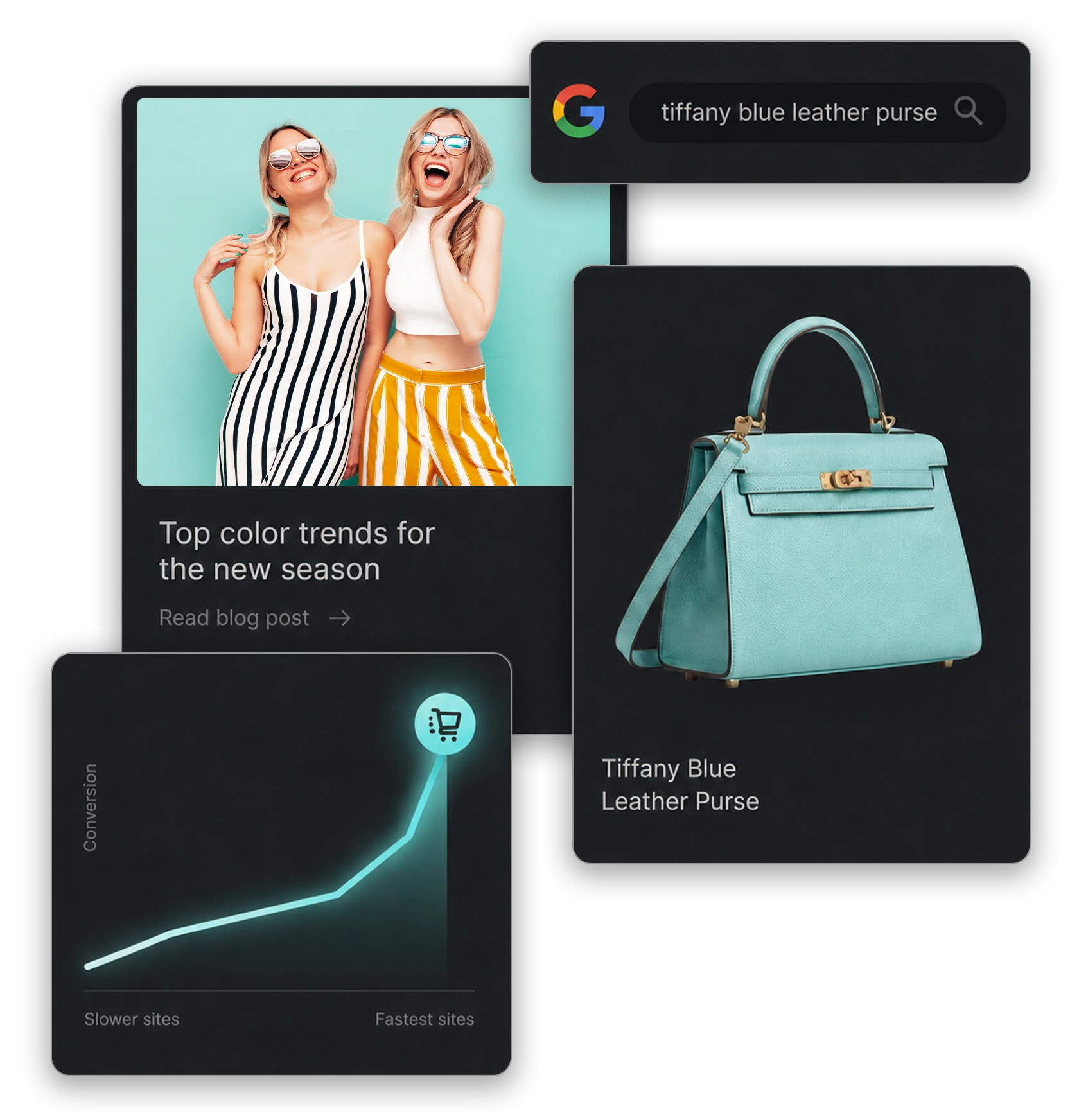 A collage featuring two women in trendy outfits promoting a blog post on seasonal color trends, alongside an image of a purple leather purse and a conversion graph showing improved rates. A Google search bar displays “purple leather purse”.