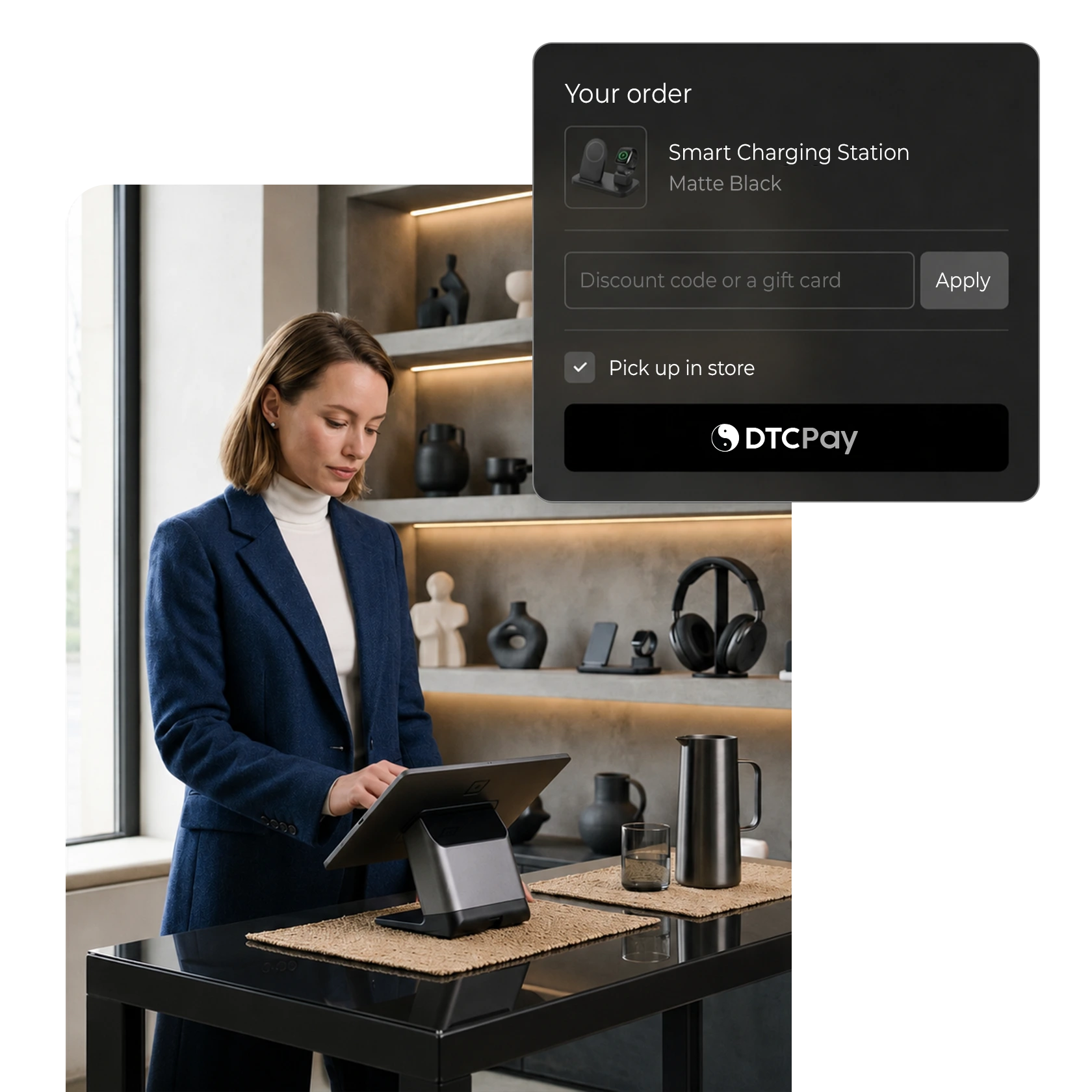 A collage of images, showing a woman using PlatformDTC POS, and an image of a ceramic planter in the DTC Pay checkout flow