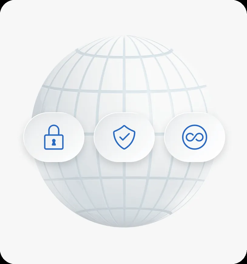 A stylized globe with longitude and latitude grid lines. Shown with three symbols: a lock for security, a shield for privacy, and an infinity symbol for reliability.