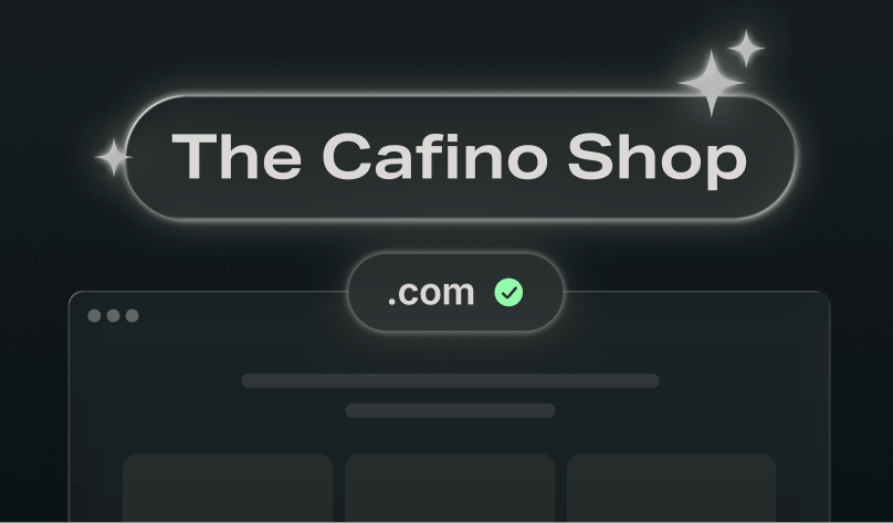 A business name, ‘The Cafino Shop’, is shown as the selected result from the business name generator. A ‘.com’ with a checkmark is next to the name, depicting the availability of the custom domain for this brand.