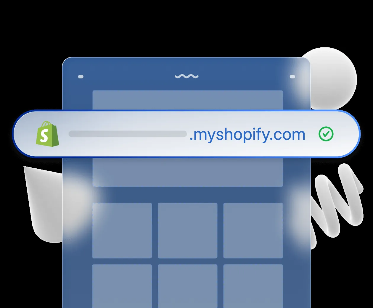 A blank, abstracted online store layout with a .myshopify.com subdomain on top.