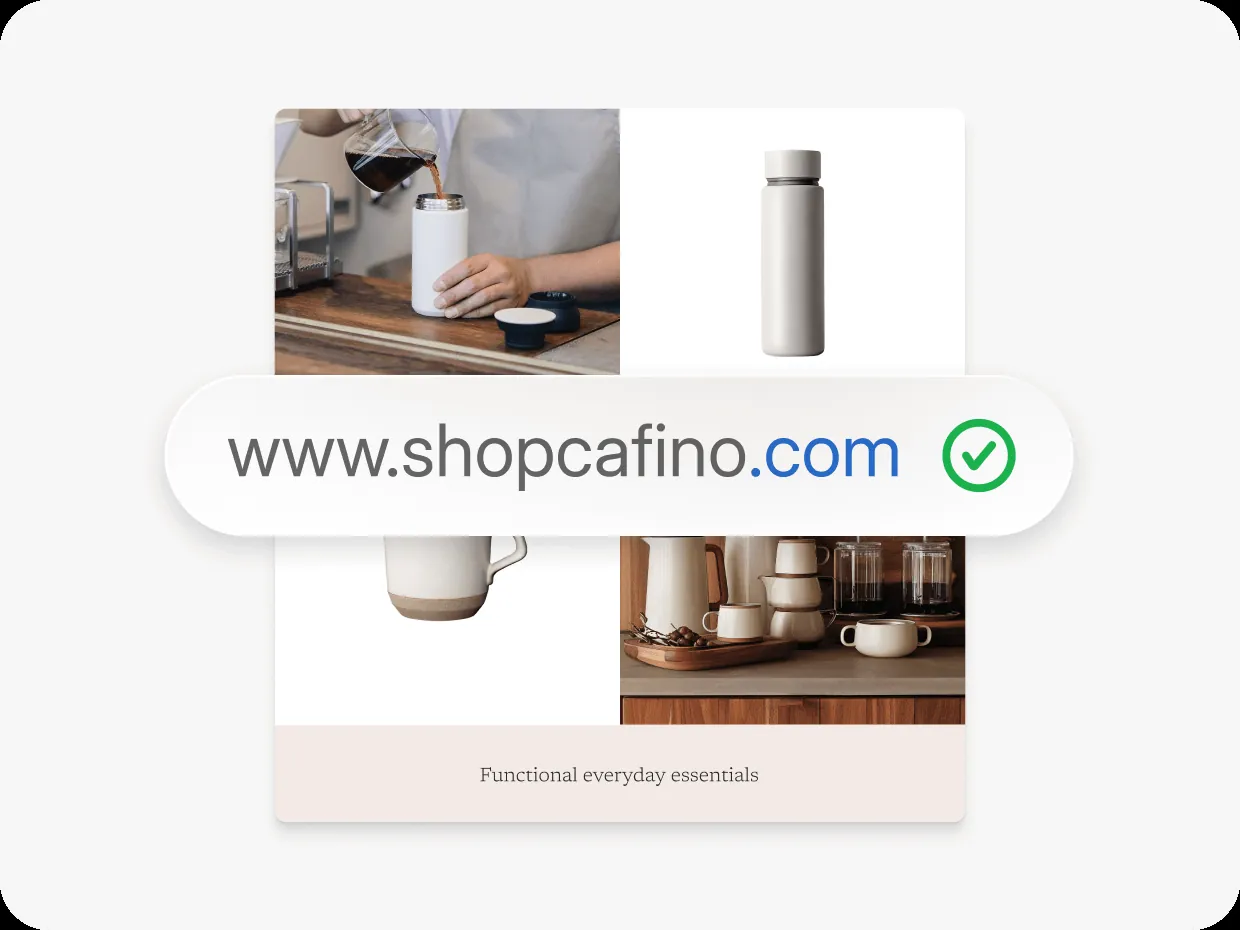 A .com URL of a brand is overlayed on an image of its associated online store, depicting the instant connection of the domain to the website with PlatformDTC.