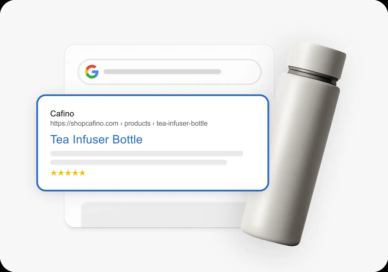 Google search result highlighting a page for a Tea Infuser Bottle with a five‑star rating, beside a sleek grey tumbler.