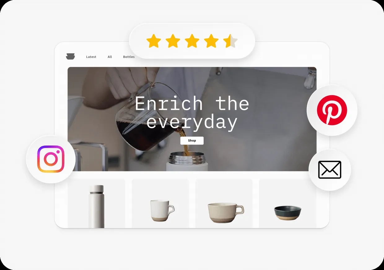 Online store homepage shown next to a 4.5‑star badge and social icons for Pinterest and Instagram.