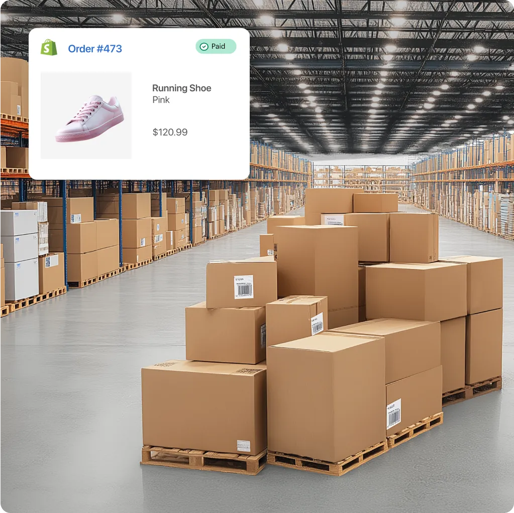 An image of a warehouse full of boxes. On top of the image is a dialog box showing pink running shoes, order #473 that costs $120.99.