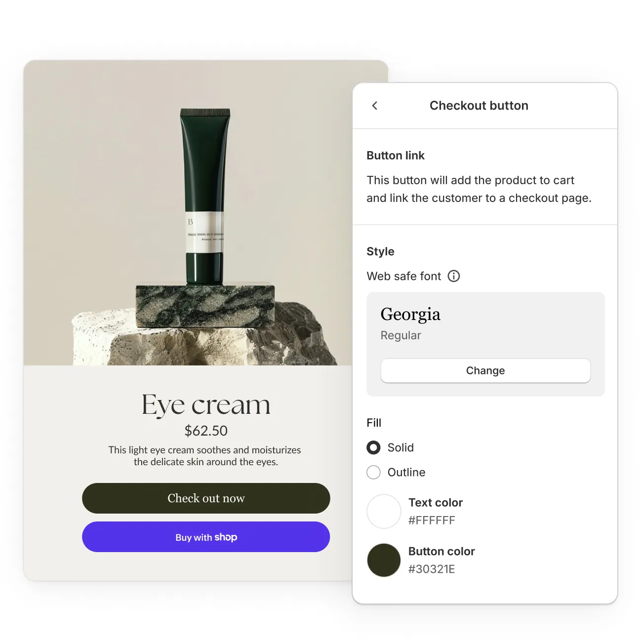 Image of a simplified product page for an eye cream next to an admin interface with options to customize the checkout button to match the brand.