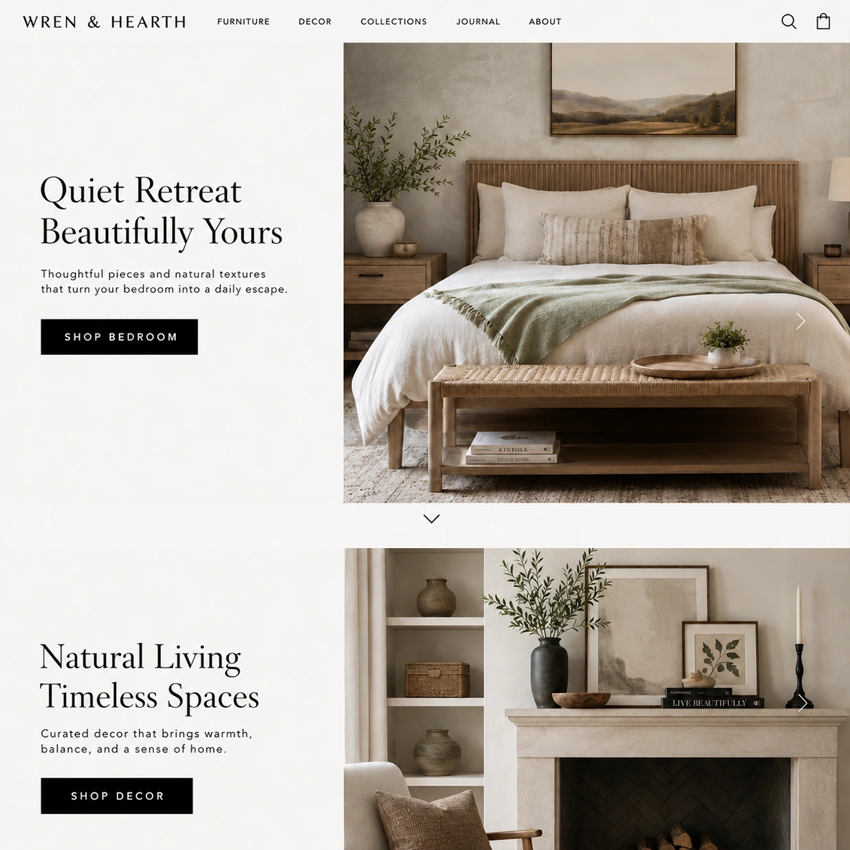 Home decor website with two featured collections. There is a brand logo at the top left of the screen followed by a horizontal menu navigation, and a search feature and account icon to the right.