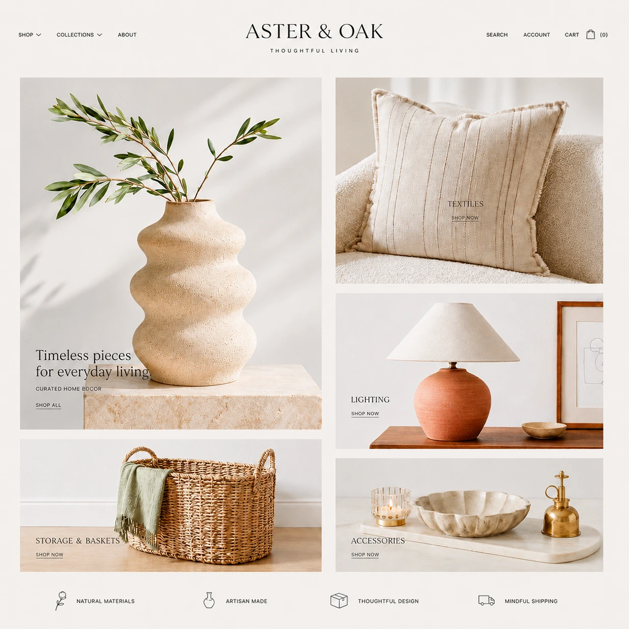 Home decor website feauturing a grid of product images with a horizontal menu navigation on the left, a logo in the center, and log in, search, and cart on the right.