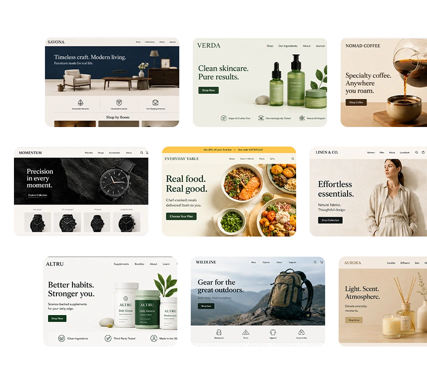 A collage of nine different websites that have PlatformDTC online stores.