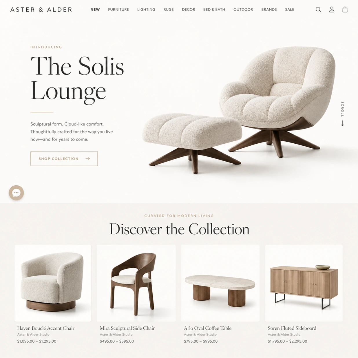 Furniture website that has a hero image with a chat icon overlaid on the bottom left corner followed by a horizontal row of product images underneath. The brand logo is at the top left of the page and a horizontal menu follows to the right.