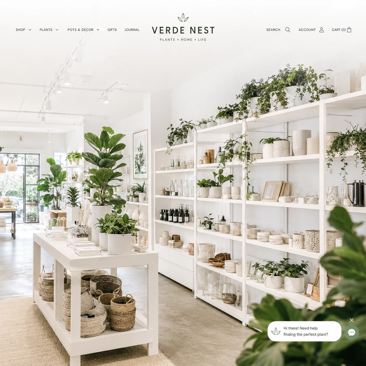 Plant website with a full-screen image overlaid with a horizontal menu navigation bar on the left, a logo in the center, and search and cart on the right.