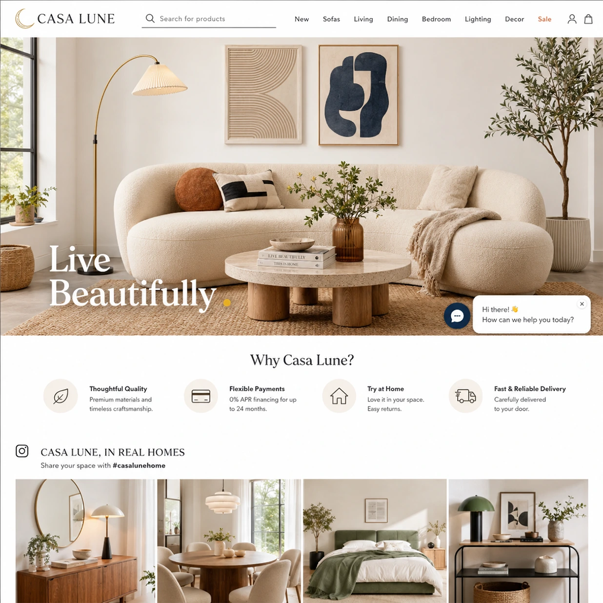 Furniture website featuring a hero graphic that has a chat icon with conversation filters overlaid on the bottom right corner. Underneath is a series of icons and value propostions followed by a row of user generated images from social media. There is a logo in the top left of the page with a horizontal navigation menu to the right.
