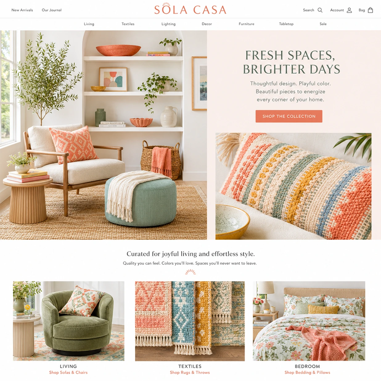 Home decor website with a hero section featuring two images and a call to action followed by a horizontal row of three product images. At the top of the page ther is a stack for two horizontal navigation bars with a logo in the center.