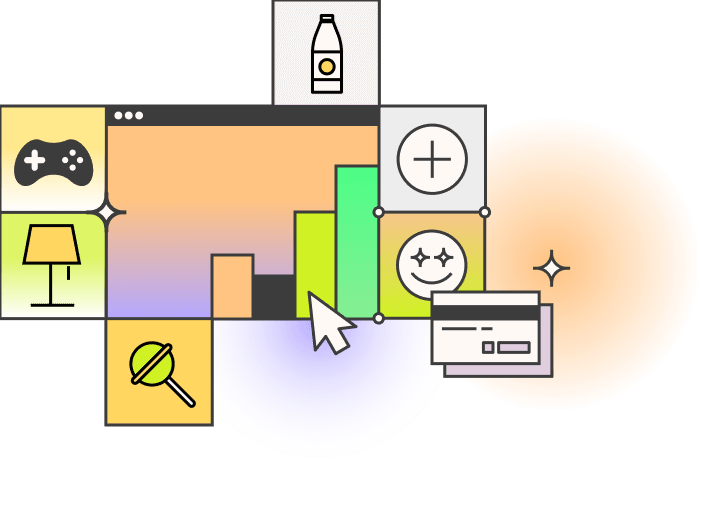 A user interface with a bar graph in the middle and multiple emojis featuring console controller, lamp, bottle, plus sign, smiling emoji and a credit card.